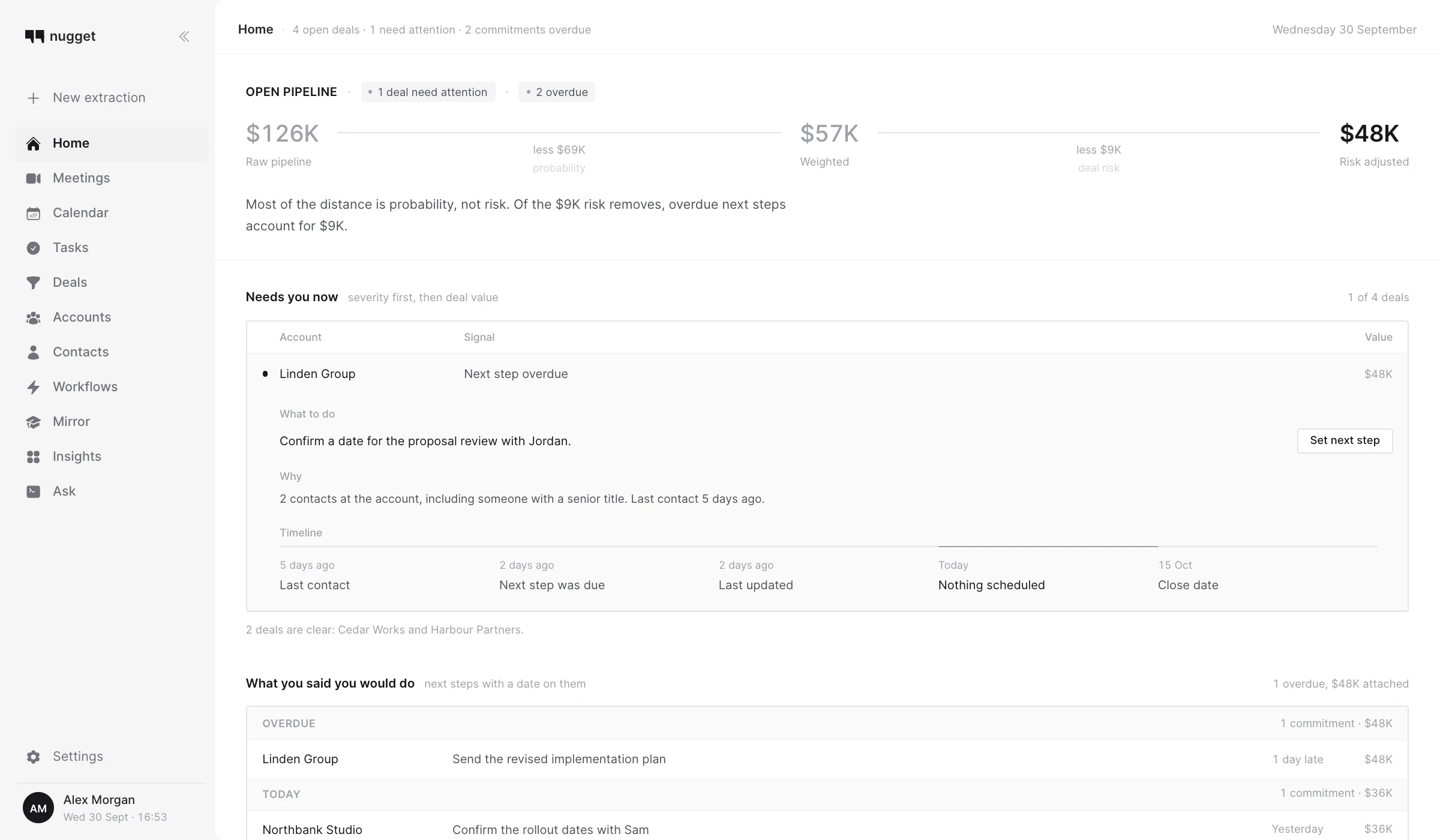 nugget, the home screen, showing open pipeline value and the deals that need attention.